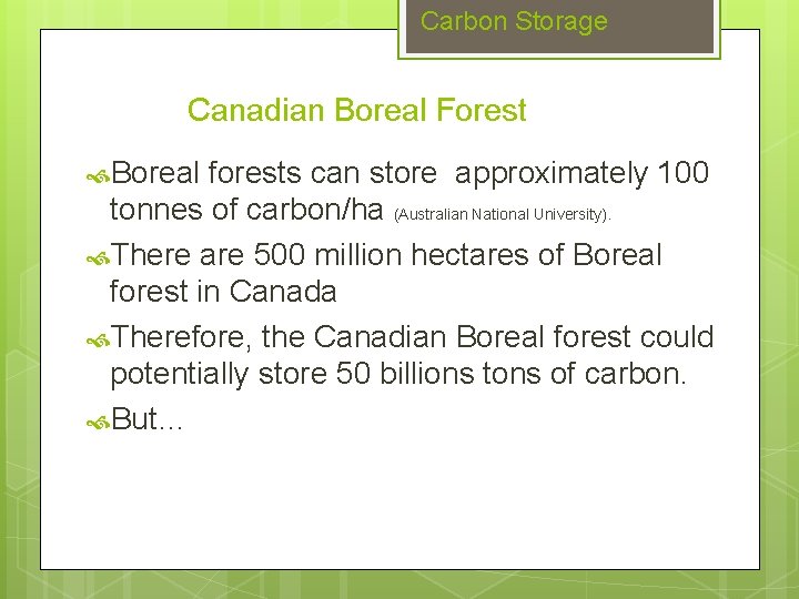 Carbon Storage Canadian Boreal Forest Boreal forests can store approximately 100 tonnes of carbon/ha