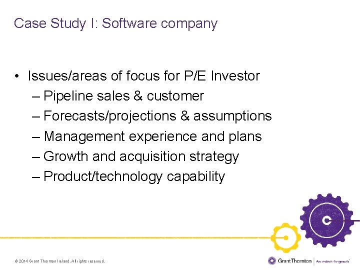 Case Study I: Software company • Issues/areas of focus for P/E Investor – Pipeline