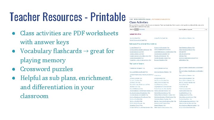 Teacher Resources - Printable ● Class activities are PDF worksheets with answer keys ●