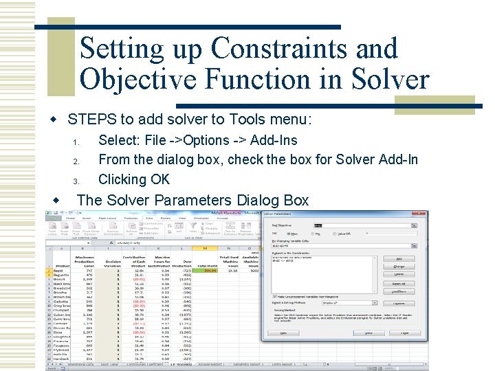 Setting up Constraints and Objective Function in Solver w STEPS to add solver to