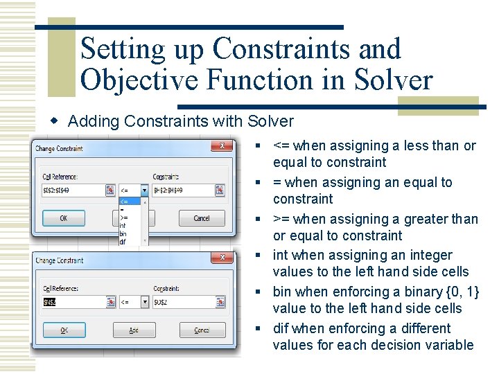 Setting up Constraints and Objective Function in Solver w Adding Constraints with Solver §