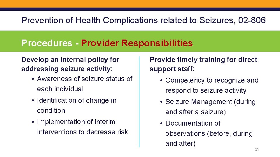 Prevention of Health Complications related to Seizures, 02 -806 Procedures - Provider Responsibilities Develop
