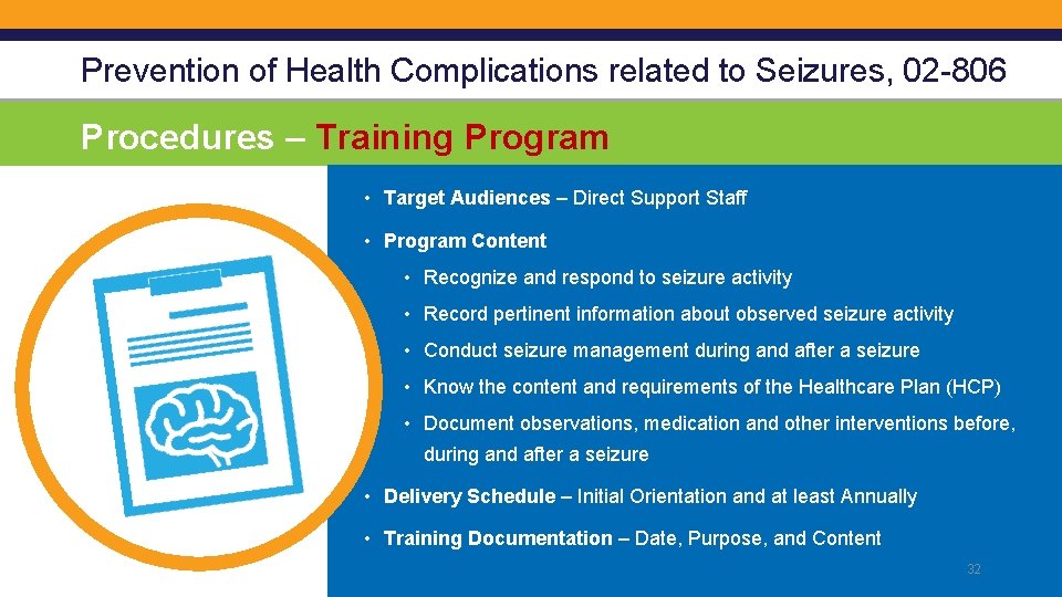 Prevention of Health Complications related to Seizures, 02 -806 Procedures – Training Program •