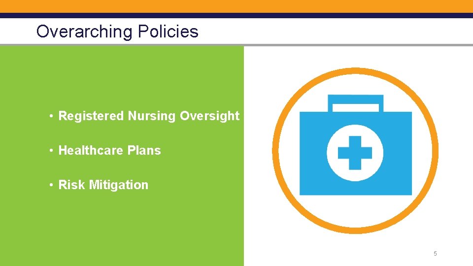 Overarching Policies • Registered Nursing Oversight • Healthcare Plans • Risk Mitigation 5 