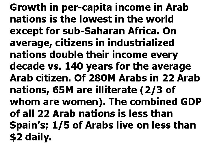 Growth in per-capita income in Arab nations is the lowest in the world except
