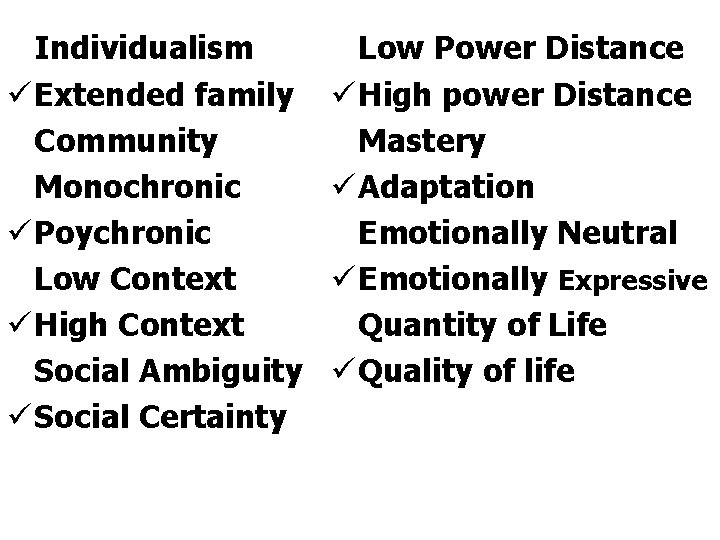 Individualism ü Extended family Community Monochronic ü Poychronic Low Context ü High Context Social