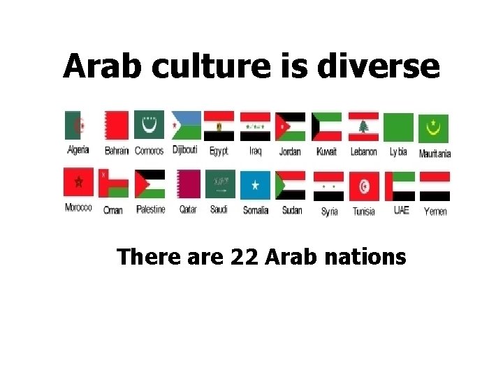 Arab culture is diverse There are 22 Arab nations 