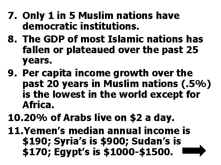 7. Only 1 in 5 Muslim nations have democratic institutions. 8. The GDP of