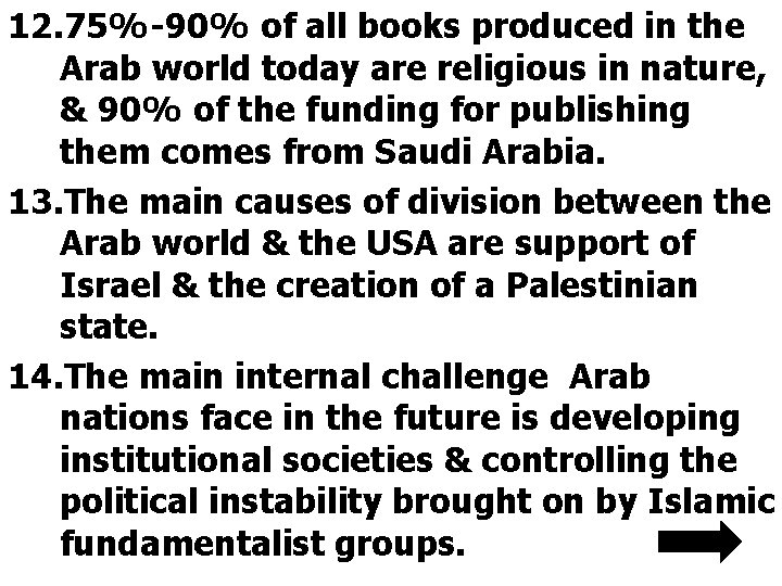 12. 75%-90% of all books produced in the Arab world today are religious in