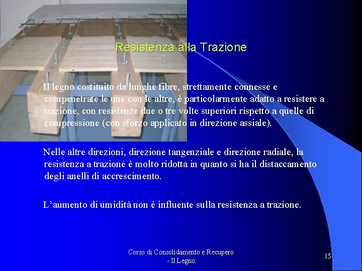 Resistenza alla Trazione Il legno costituito da lunghe fibre, strettamente connesse e compenetrate le Resistenza alla Trazione Il legno costituito da lunghe fibre, strettamente connesse e compenetrate le