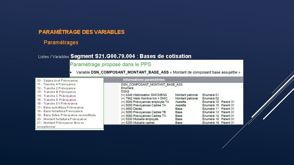 PARAMÉTRAGE DES VARIABLES Paramétrages Listes / Variables Segment S 21. G 00. 79. 004