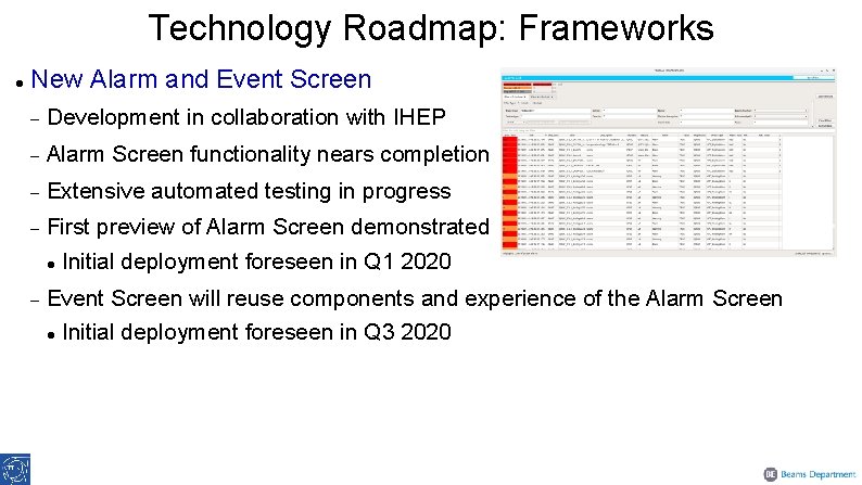 Technology Roadmap: Frameworks New Alarm and Event Screen Development in collaboration with IHEP Alarm