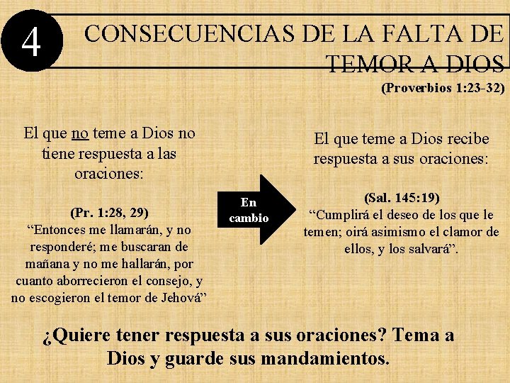 4 CONSECUENCIAS DE LA FALTA DE TEMOR A DIOS (Proverbios 1: 23 -32) El