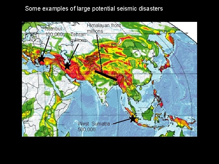 Some examples of large potential seismic disasters Istanbul 100, 000 s Himalayan front millions
