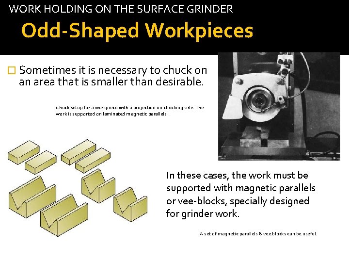 WORK HOLDING ON THE SURFACE GRINDER Odd-Shaped Workpieces � Sometimes it is necessary to