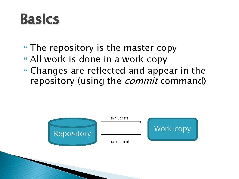 Basics The repository is the master copy All work is done in a work
