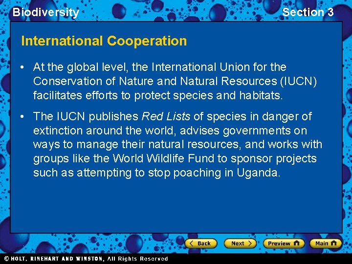 Biodiversity Section 3 International Cooperation • At the global level, the International Union for