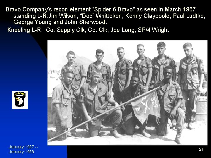 Bravo Company’s recon element “Spider 6 Bravo” as seen in March 1967 standing L-R: