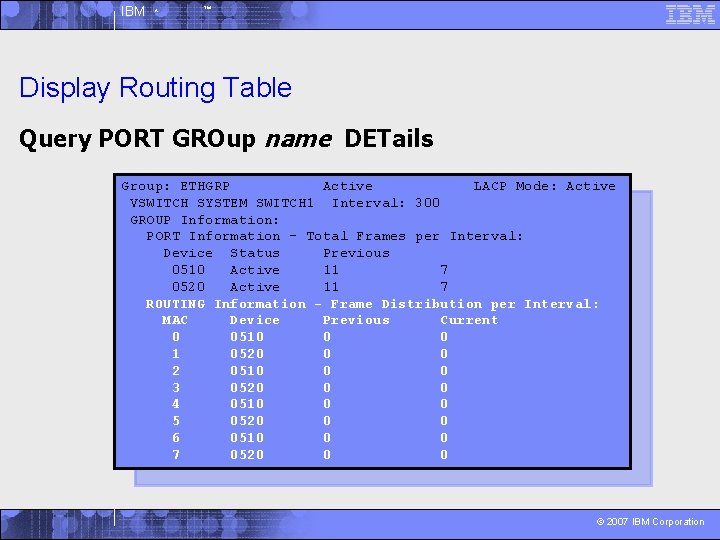 IBM ^ ™ Display Routing Table Query PORT GROup name DETails Group: ETHGRP Active
