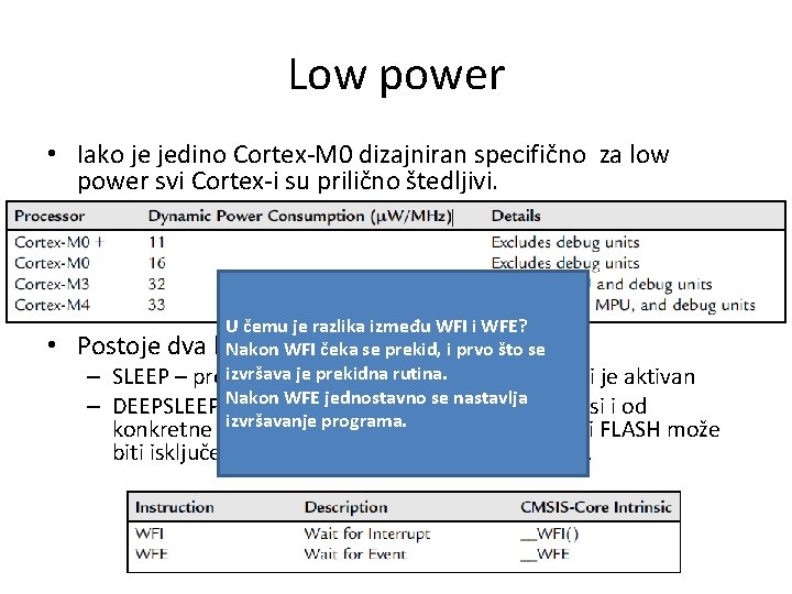 Low power • Iako je jedino Cortex-M 0 dizajniran specifično za low power svi
