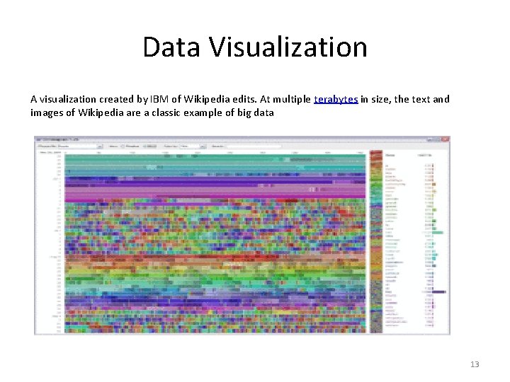 Data Visualization A visualization created by IBM of Wikipedia edits. At multiple terabytes in