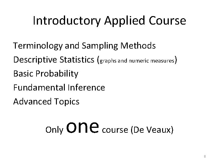 Introductory Applied Course Terminology and Sampling Methods Descriptive Statistics (graphs and numeric measures) Basic