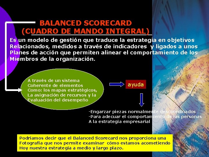 BALANCED SCORECARD (CUADRO DE MANDO INTEGRAL) Es un modelo de gestión que traduce la