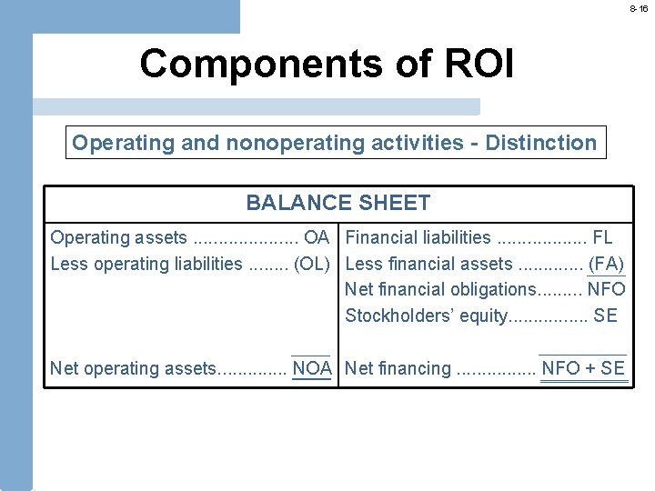 8 -16 Components of ROI Operating and nonoperating activities - Distinction BALANCE SHEET Operating
