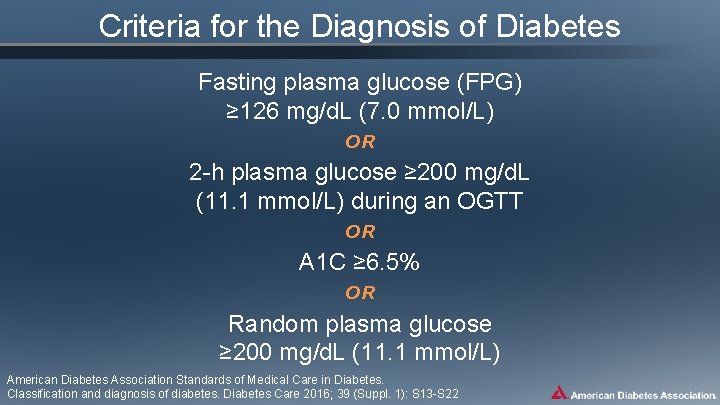 Criteria for the Diagnosis of Diabetes Fasting plasma glucose (FPG) ≥ 126 mg/d. L