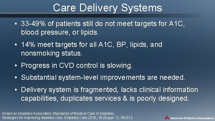 Care Delivery Systems • 33 -49% of patients still do not meet targets for