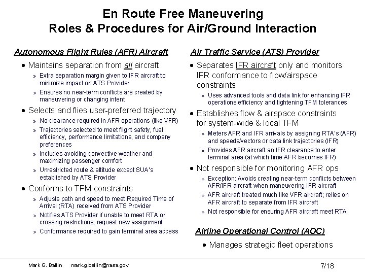 En Route Free Maneuvering Roles & Procedures for Air/Ground Interaction Autonomous Flight Rules (AFR) En Route Free Maneuvering Roles & Procedures for Air/Ground Interaction Autonomous Flight Rules (AFR)