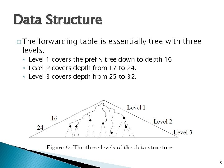 Data Structure � The forwarding table is essentially tree with three levels. ◦ Level