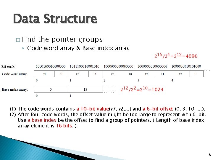 Data Structure � Find the pointer groups ◦ Code word array & Base index