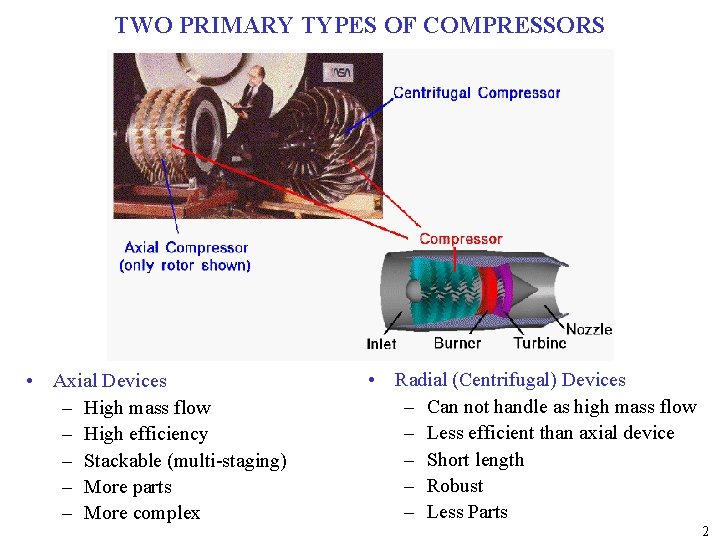 TWO PRIMARY TYPES OF COMPRESSORS • Axial Devices – High mass flow – High