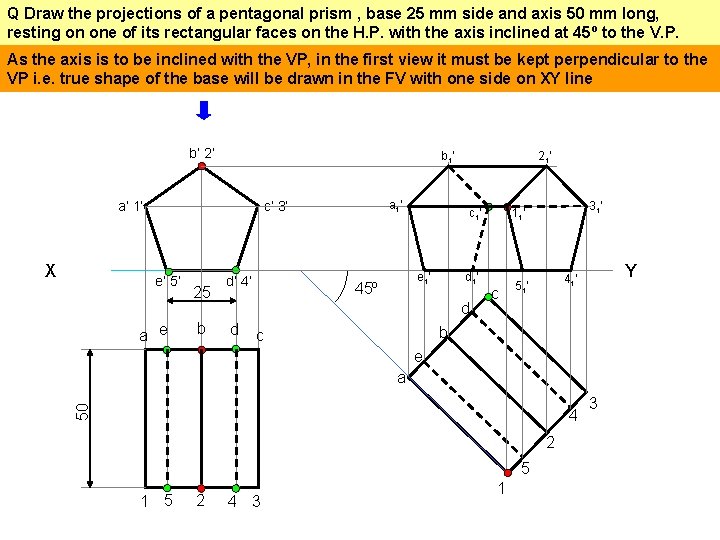 Q Draw the projections of a pentagonal prism , base 25 mm side and