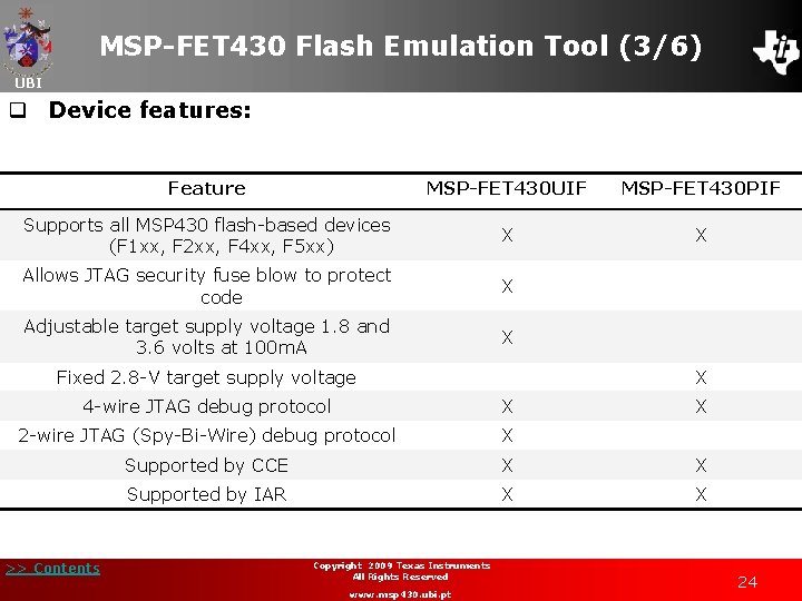 MSP-FET 430 Flash Emulation Tool (3/6) UBI q Device features: Feature MSP-FET 430 UIF
