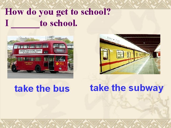 How do you get to school? I ______to school. take the bus take the