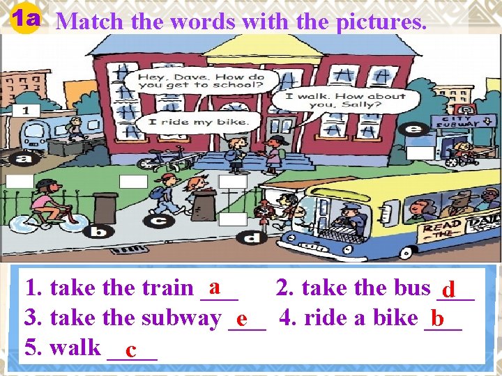 1 a Match the words with the pictures. a 1. take the train ___