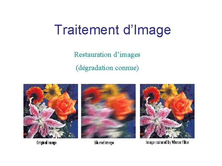 Traitement d’Image Restauration d’images (dégradation connue) Traitement d’Image Restauration d’images (dégradation connue)