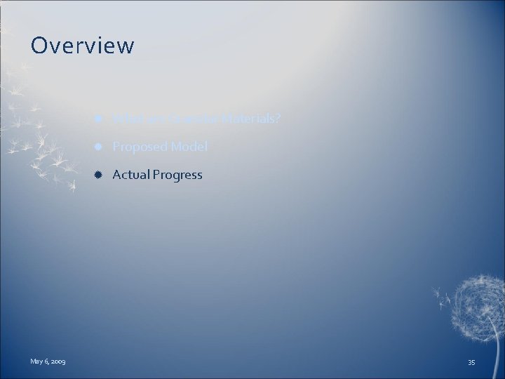 Overview May 6, 2009 What are Granular Materials? Proposed Model Actual Progress 35 