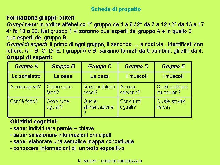 Scheda di progetto Formazione gruppi: criteri Gruppi base: in ordine alfabetico 1° gruppo da