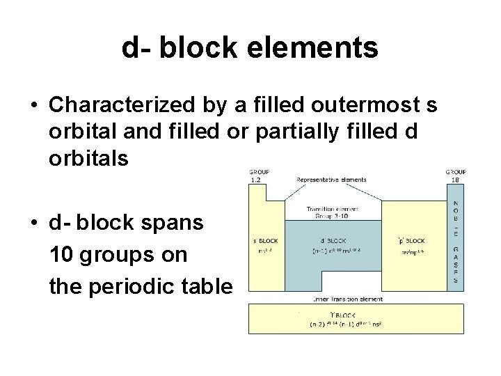 d- block elements • Characterized by a filled outermost s orbital and filled or