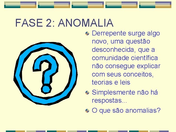 FASE 2: ANOMALIA Derrepente surge algo novo, uma questão desconhecida, que a comunidade científica