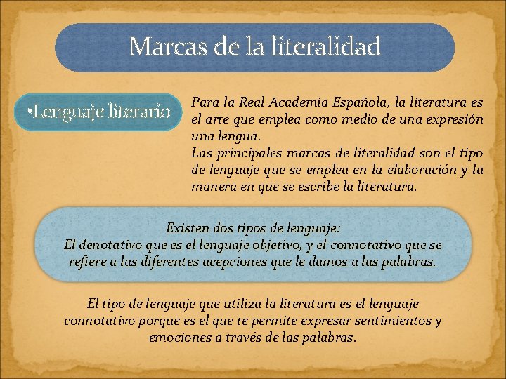 Marcas de la literalidad • Lenguaje literario Para la Real Academia Española, la literatura