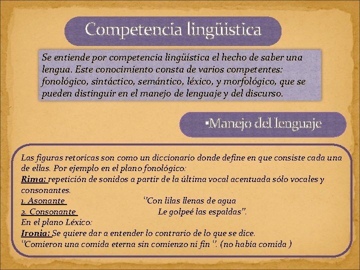 Competencia lingüistica Se entiende por competencia lingüística el hecho de saber una lengua. Este