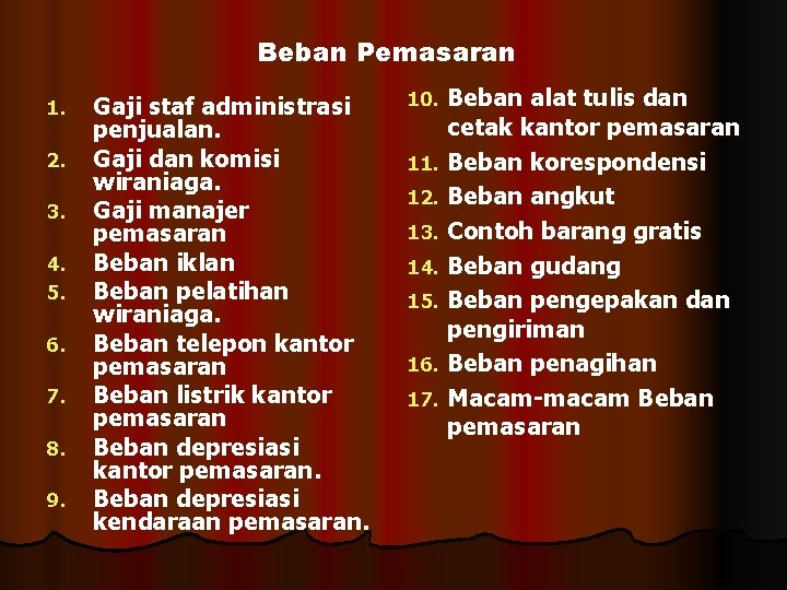 Beban Pemasaran 1. 2. 3. 4. 5. 6. 7. 8. 9. Gaji staf administrasi