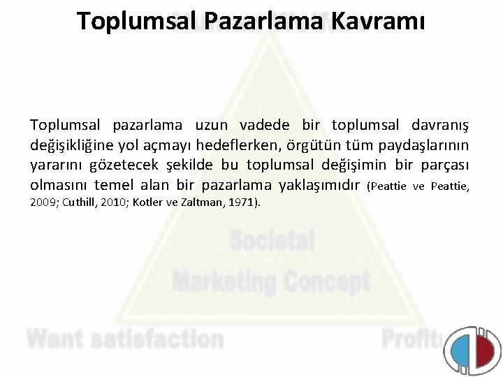 Toplumsal Pazarlama Kavramı Toplumsal pazarlama uzun vadede bir toplumsal davranış değişikliğine yol açmayı hedeflerken,