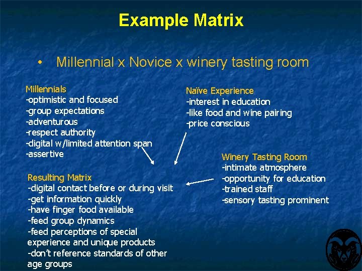 Example Matrix • Millennial x Novice x winery tasting room Millennials -optimistic and focused