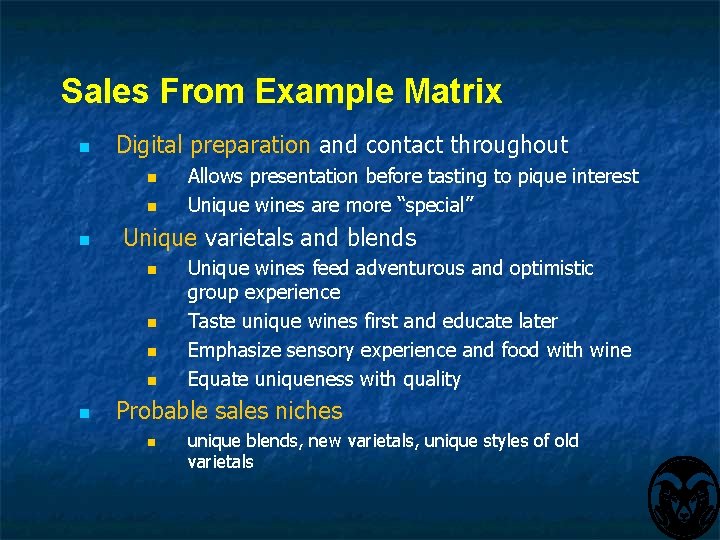 Sales From Example Matrix n Digital preparation and contact throughout n n n Unique