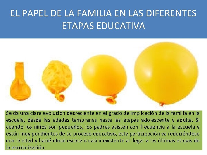 EL PAPEL DE LA FAMILIA EN LAS DIFERENTES ETAPAS EDUCATIVA Se da una clara